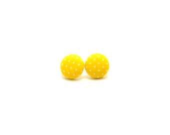 Yellow polka dot fabric button earrings - yellow polka dot earrings - polka dot earrings - pinup earrings - yellow polka dot studs