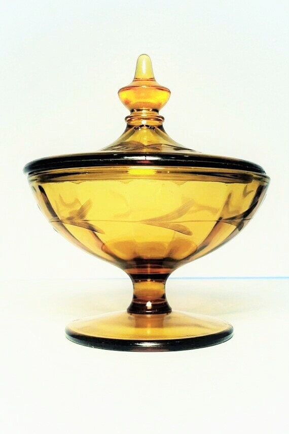 Amber Depression Glass Covered Candy Dish with Floral Pattern