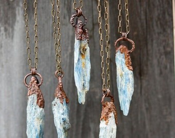 Kyanite Necklace: raw crystal pendant necklace, raw kyanite jewelry rough gemstone necklace crystal point electroformed healing crystal blue