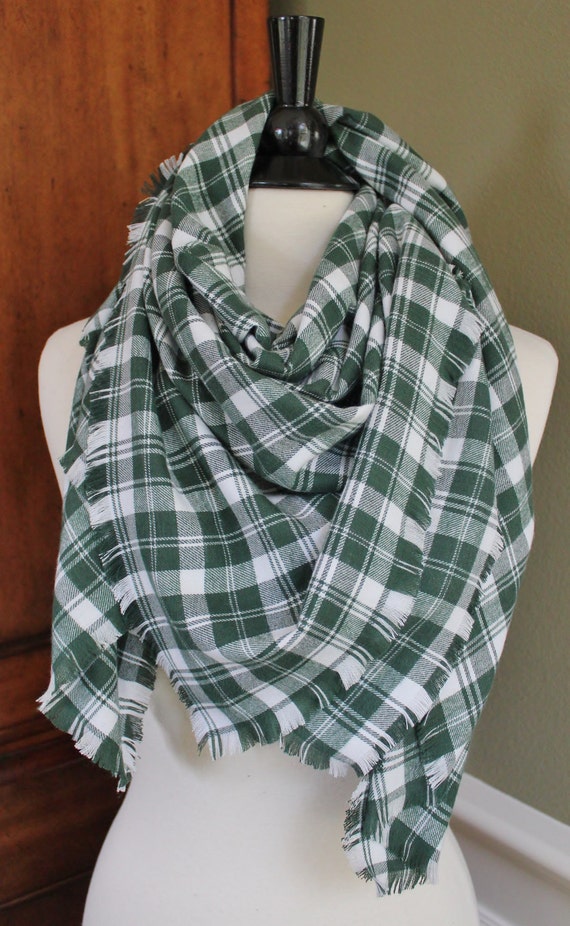 Green and White Plaid Flannel Blanket Scarf