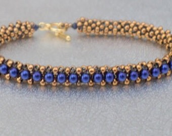 navy pearl bead bracelet beadwork bracelet seed bead jewelry bronze stackable bracelet