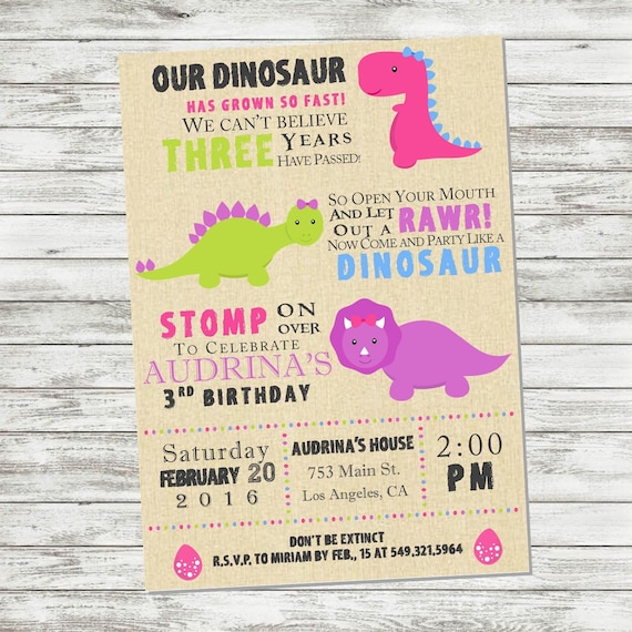 Girl Dinosaur Birthday Invitations 1