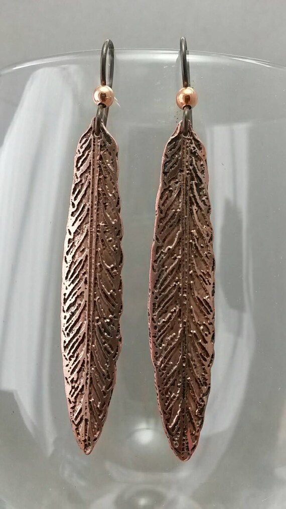 Etched Copper Feather Earrings