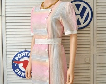 Vintage 70s 80s Womens Rainbow Pastel Dress/Pale Pink Blue Yellow/Slubbed Linen Cotton/Jerri Gee NY/Secretary Theatre