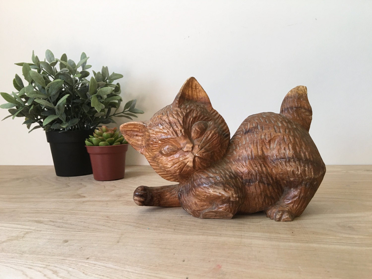 Vintage Wood Carved Kitty Cat
