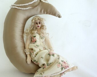 Art doll cloth angel moon soft sculpture wall hanging home decor MOONBEAM
