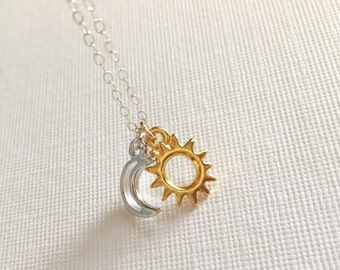 sun and moon necklace, mixed metals jewelry, sterling silver chain, day and night, dainty charm necklace, everyday necklace, gift for her