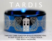 12MM, Free Engraving, Top Quality Tungsten Carbide Deep Ocean Blue High Polish Beveled Doctor Who Design