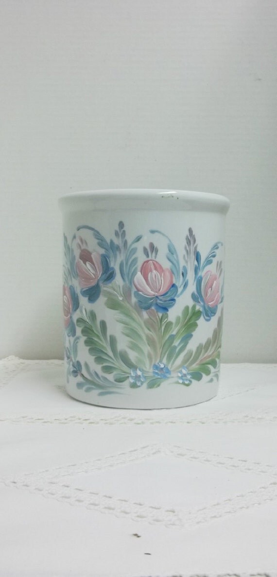 Kitchen Utensil Jar White Ceramic Crock Hand Painted
