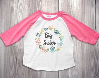 Big Sister Shirt Baby Announcement Shirt Girl Sibling Shirts Floral Flower Raglan Shirt Watercolor Design Cute Girls Big Sister Outfit