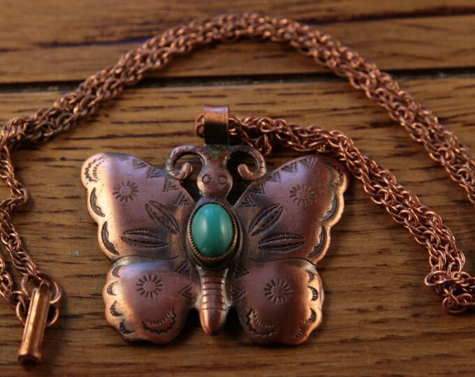 Large Copper Butterfly Necklace Faux Navajo Necklace Pendant Butterfly