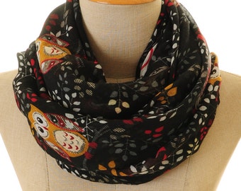 Black Owl Scarf | Owl Infinity Scarf | Children Scarf | Cute Animal Scarf | Bird Scarf | Gift For Her | Owl Print Scarf | Owl Lover S-123