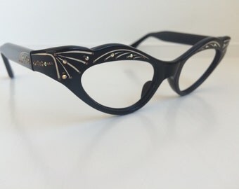 50s Cat Eye Glasses, Vintage Cateye Wrap Pin Up Eyeglass Frames, Black Rhinestone 1950s 60s Retro Glasses, NO LENSES, Deadstock NOS 51