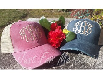 Monogrammed Trucker Hat Cap - Distressed Look - Just for Me Sewing