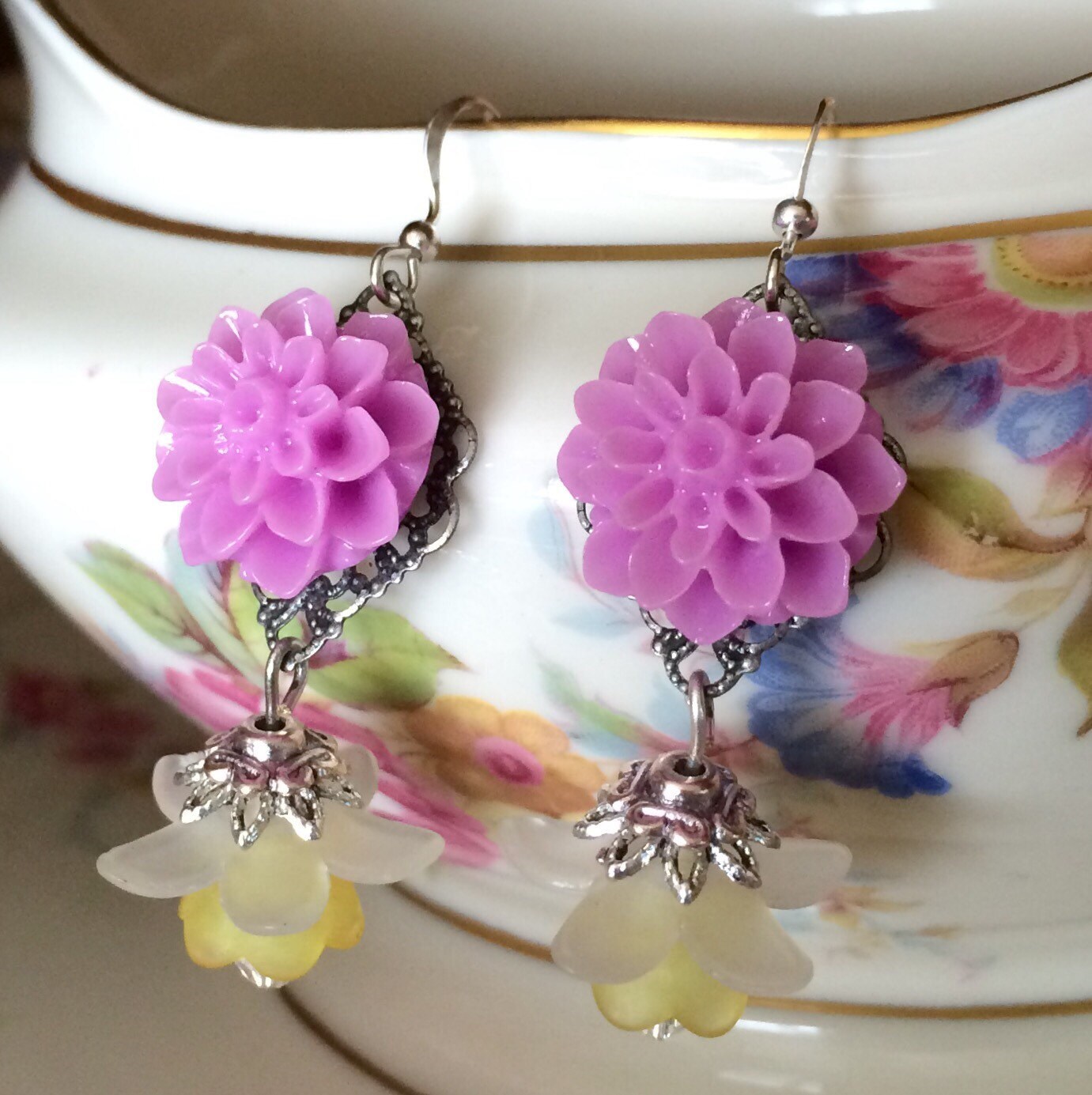 Purple Chrysanthemum And Daffodil Earrings Mothers Day T