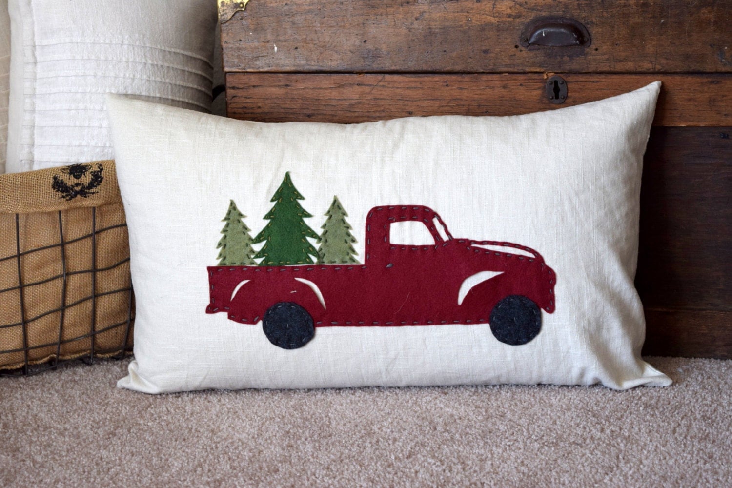Vintage Red Truck Pillow Cover