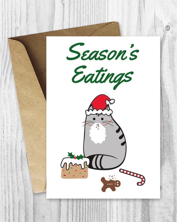 Printable Holiday Cards Season's Eatings Cat Card Funny