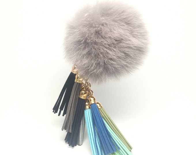 Fox Fur Pom Pom "Grey Sky" charm ball pompon bag charm tassel keychain with tassel elements charms