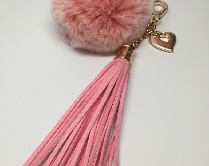 Hot Pink 8cm Rex Rabbit fur pom pom ball keychain or bag pendant with heart charm leather tassel