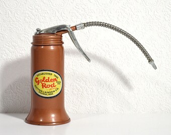 Vintage Oil Can- Golden Rod Oil Pumper with Flexible Nozzle and Original Sticker, Vintage Mechanic Tools