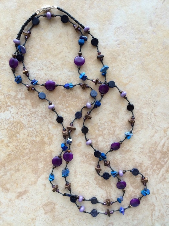 Blue Stone Necklace Long Necklace Beaded Necklace Wood