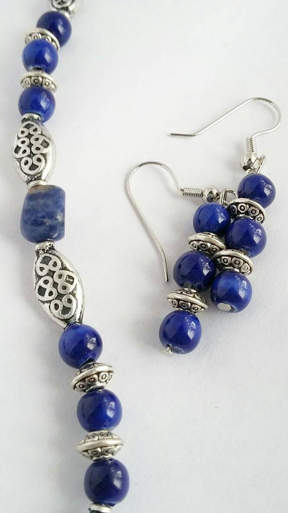 Royal Blue and Silver Earrings and Necklace Set