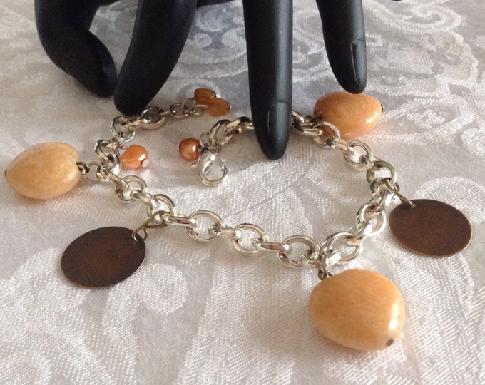 Calcite Charm Bracelet ..sterling silver plate chain, fresh water pearls and hearts bracelet