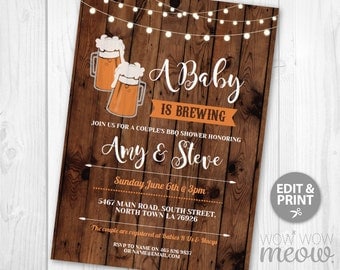 A Baby is Brewing Invitations Baby Shower Co-Ed Couples Wood Beer Invites BBQ INSTANT DOWNLOAD Party Rustic Brew and BaByQ Editable & Print