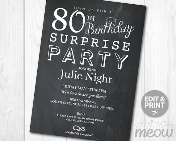SURPRISE 80th Birthday Invitations Elegant Party Invite