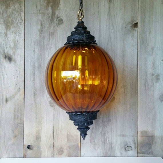 Amber Glass Pendant Light Swag Light 1960s 1970s Glass Globe