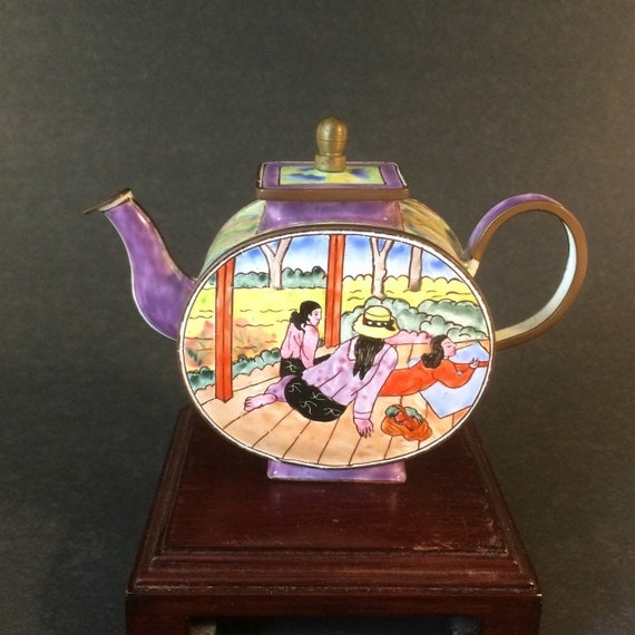 Vintage Chinese Canton Enamel Miniature Tea Pot with Women in
