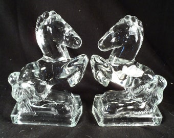 Clear Glass Horse Bookends-L. E. Smith Glass Mid Century Horse Bookends-Office Decor-Western Decor