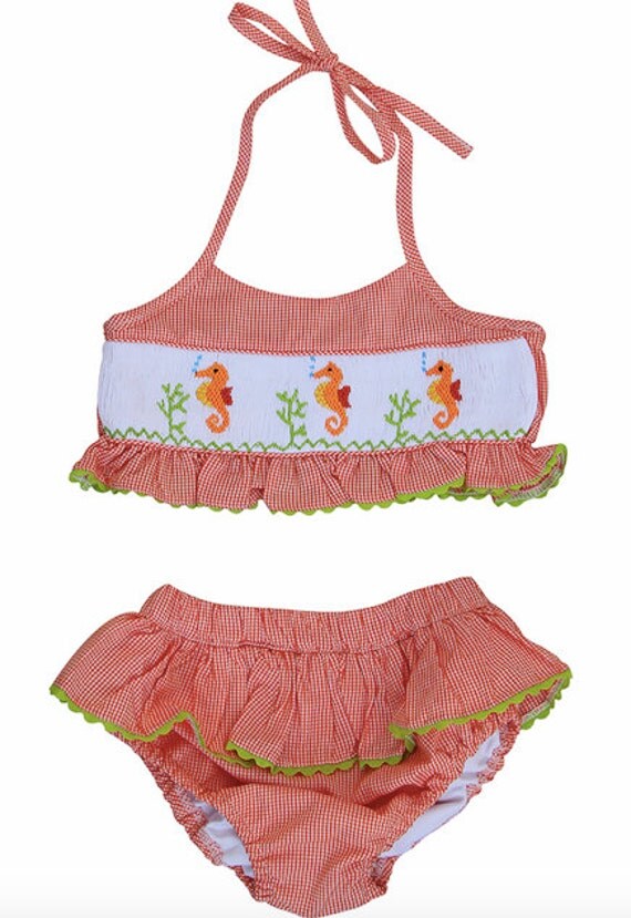 Seersucker Seahorse Hand Smocked Girls Swimwear Infant