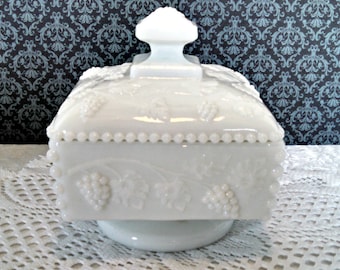 Vintage Milk Glass Honey Dish with Lid, "Paneled Grape" by Westmoreland, Covered Bowl, Mid Century, Circa 1950s
