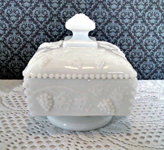 Vintage Paneled Grape Milk Glass Honey Dish with