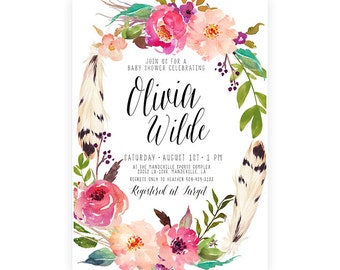 Boho Baby Shower Invitation Girl, Feather, Flower, Watercolor Invitation, Printable (724)