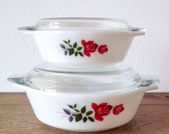 JAJ Pyrex June Rose Casseroles Or Oven Dish x2 Red Roses Pattern 60's England Kitchenware
