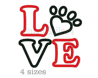 LOVE applique design, Paw applique design, Love Paw embroidery, LOVE Paw applique design, Valentine applique design