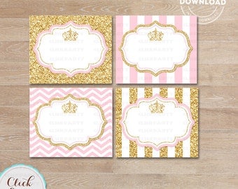 Princess Pink and Gold Food Tent Labels, Gold Glitter Buffet Labels, Table tents, Baby shower Decorations, Candy Labels, Party Printable