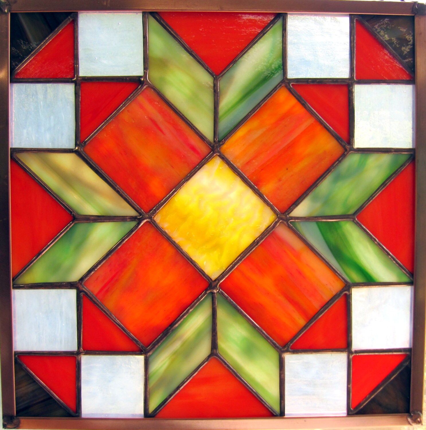 Stained Glass Quit Square Window Hanging in Bright Colors