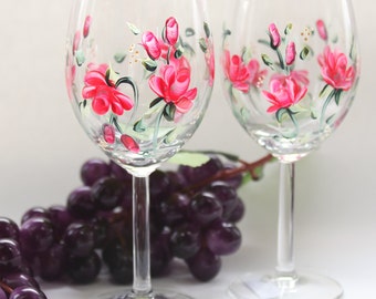 Hand Painted Wine Glasses Pink Roses
