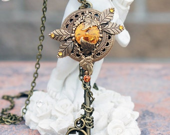 Fall key, vintage key, swarovski necklace, yellow key, key necklace