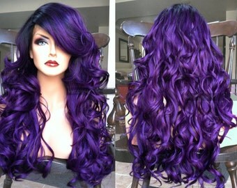 Purple Lace Front Wig // Wavy Pastel + HEAT Ok Wig // Skin Part & Ombre Black Dark Roots