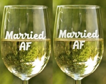 Wine Glass engraved ~ Married AF couples gift, wine glasses gift, stemless wine glasses, beer glass, etched glasses, military wife gift