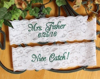 Garter Set or Single, Bride Wedding Garter,toss garter, nice catch, custom embroidered, Custom Size Garter, white,bride gift. Canada GS0 S17