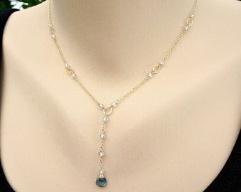 London Blue Topaz Necklace,Aquamarine Necklace,Y Necklace,March Birthstone,Dainty Necklace