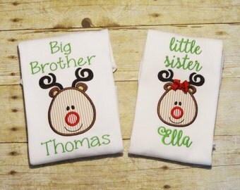 Personalized Big Brother Little Sister Set with Applique Reindeer & Name - Brother Sister Sibling Set - Matching Sibling Christmas Shirts