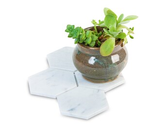 4 Marble Hexagon Coasters, Geometric Design, Made from White Carrara Marble Imported from Italy