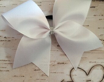 Classic, White Cheer Bow, Simple Bow, Cheap Cheer Bow, Bling, cheerleader, cheerleading, solid color bow