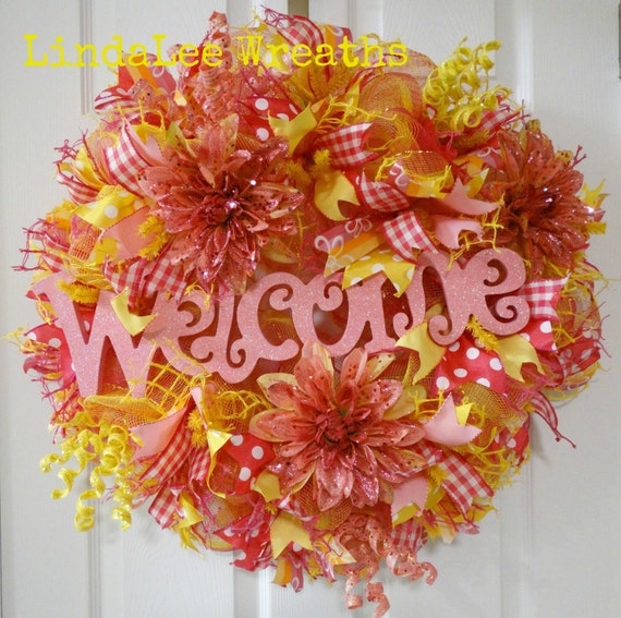 Deco Mesh Welcome Wreath In Pink And Yellow Spring Wreath 